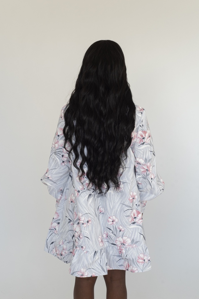 Robe upcycling Juliette longue à motifs géométrique bleu blanc