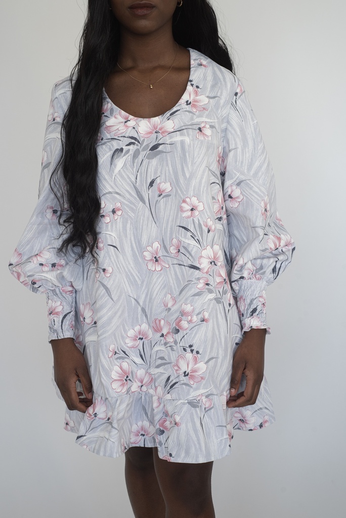 Robe Juliette courte grise à fleurs