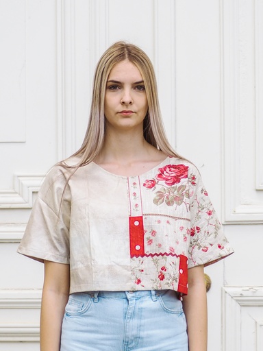 [T-shirt 12] T-shirt cropped bicolore beige fleuris